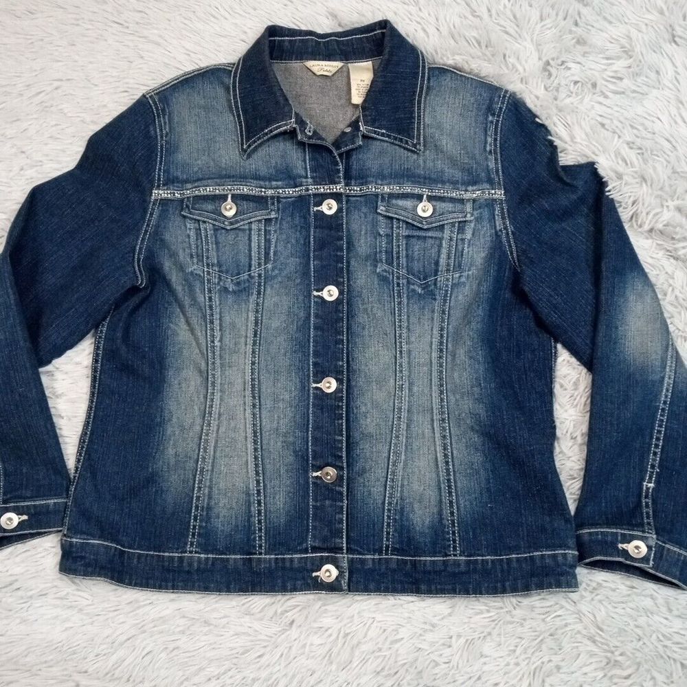 Laura Ashley Jacket Womens Petite M Blue Jean Denim Button Up Studded Sparkly